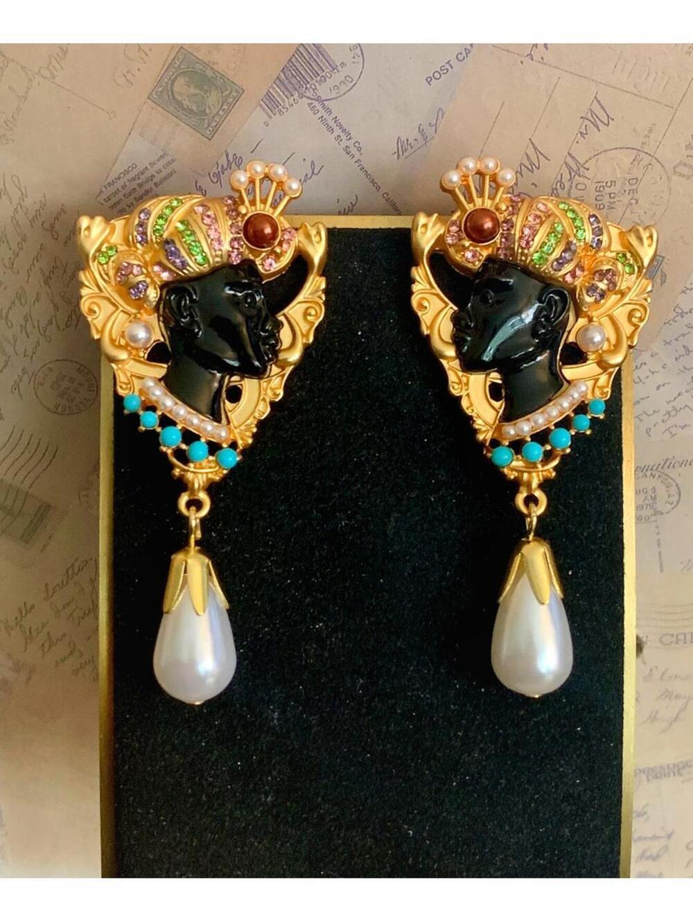 Regal Figural Queen Drop Earrings - Jeweled Headdress & Teardrop Pearl Statement - Picture 2 of 2